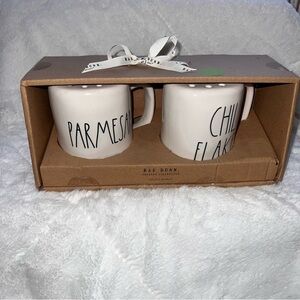RAE DUNN Set of Parmesan and Chili Flake Shakers White Black Pottery Ceramic New